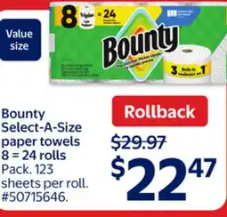 Walmart Bounty Select-A-Size Paper Towels 8=24 Rolls offer