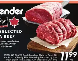 Sobeys STERLING SILVER Fresh Boneless Blade or Cross Rib Pot Roast or Family Size Simmering Steak offer
