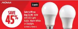 Canadian Tire NOMA 60W A19 LED Light Bulbs. Warm White or Daylight offer