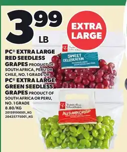 Loblaws PC EXTRA LARGE RED SEEDLESS GRAPES, PC EXTRA LARGE GREEN SEEDLESS GRAPES offer