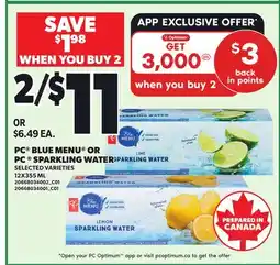 Loblaws PC BLUE MENU OR PC SPARKLING WATER offer