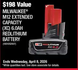 Home Depot Milwaukee M12 EXTENDED CAPACITY (XC) 6.0AH REDLITHIUM BATTERY offer