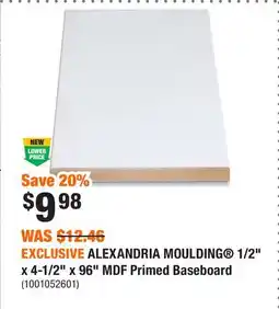 Home Depot EXCLUSIVE ALEXANDRIA MOULDING 1/2 x 4-1/2 x 96 MDF Primed Baseboard offer