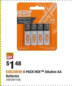 Home Depot EXCLUSIVE 4-PACK HDX Alkaline AA Batteries offer