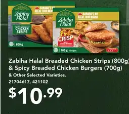 Fortinos ZABIHA HALAL BREADED CHICKEN STRIPS, (800G) & SPICY BREADED CHICKEN BURGERS, (700G) offer