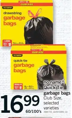 Fortinos NO NAME QUICK TIE GARBAGE BAGS, 60/100'S offer