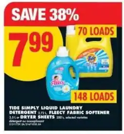 No Frills Tide Simply Liquid Laundry Detergent / Fleecy Fabric Softener / Dryer Sheets offer