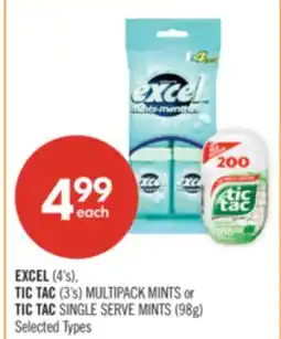 Shoppers Drug Mart EXCEL (4's), TIC TAC (3's) MULTIPACK MINTS or TIC TAC SINGLE SERVE MINTS (98g) offer