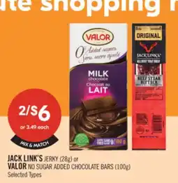 Shoppers Drug Mart JACK LINK'S JERKY (282) or VALOR NO SUGAR ADDED CHOCOLATE BARS (100g) offer