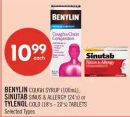 Shoppers Drug Mart BENYLIN COUGH SYRUP (100mL), SINUTAB SINUS & ALLERGY (24's) or TYLENOL COLD (18's - 20's) TABLETS offer