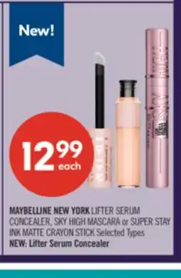Shoppers Drug Mart MAYBELLINE NEW YORK LIFTER SERUM CONCEALER, SKY HIGH MASCARA or SUPER STAY INK MATTE CRAYON STICK offer