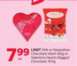 Rexall LINDT Milk or Neapolitan Chocolate Heart 60g or Valentine Hearts Bagged Chocolate 103g offer