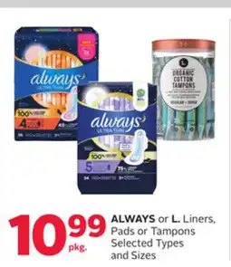 Rexall ALWAYS or L. Liners, Pads or Tampons offer
