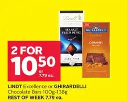 Rexall LINDT Excellence or GHIRARDELLI Chocolate Bars 100g - 138g offer