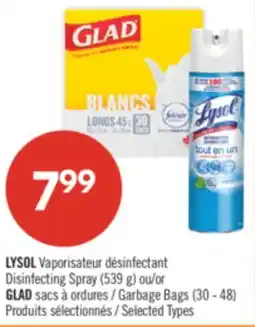 Pharmaprix LYSOL Disinfecting Spray (539 g) or GLAD Garbage Bags (30 - 48) offer