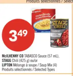 Pharmaprix McILHENNY CO TABASCO Sauce (57 mL), STAGG Chili (425 g) or LIPTON Soup Mix (4) offer