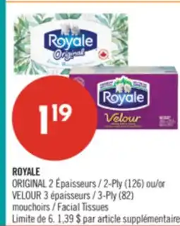 Pharmaprix ROYALE ORIGINAL 2-Ply (126) or VELOUR 3-Ply (82) Facial Tissues offer
