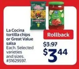 Walmart La Cocina tortilla chips or Great Value salsa offer