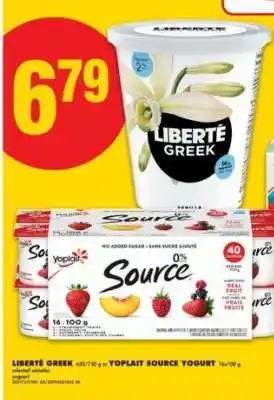 No Frills LIBERTÉ GREEK or YOPLAIT SOURCE YOGURT offer