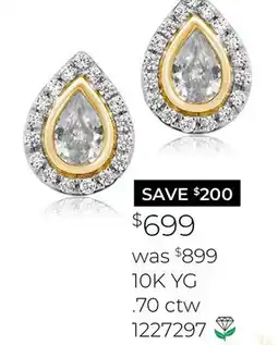 Charm Diamond New Brilliance Lab Grown 0.70CTW Pear Diamond Stud Earrings in 10K Yellow Gold offer