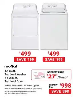Visions Electronics moffat 4.4 cu.ft. Top Load Washer + 6.2 cu.ft. Top Load Dryer offer