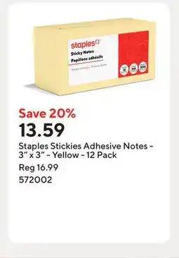Staples Staples Stickies Adhesive Notes - 3 x 3 - Yellow offer
