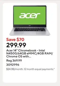 Staples Acer 14 Chromebook - Intel N4500/64GB eMMC/4GB RAM/Chrome OS with 3 months of Google AI Pro offer