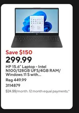 Staples HP 15.6 Laptop - Intel N100/128GB UFS/4GB RAM/Windows 11 S with 1-year of Microsoft 365 offer