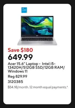 Staples Acer 15.6 Laptop - Intel i5-13420H/512GB SSD/12GB RAM/Windows 11 offer