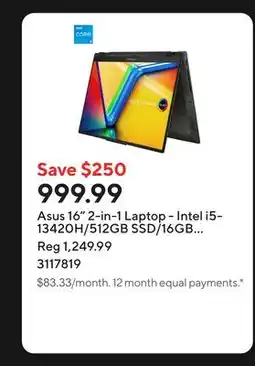 Staples Asus 16 2-in-1 Laptop - Intel i5-13420H/512GB SSD/16GB RAM/Touchscreen/Windows 11 Home offer
