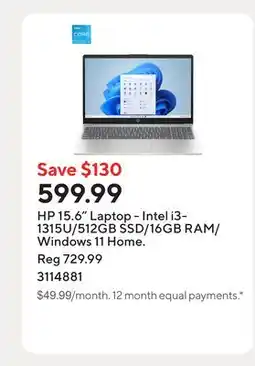 Staples HP 15.6 Laptop - Intel i3-1315U/512GB SSD/16GB RAM/Windows 11 Home offer