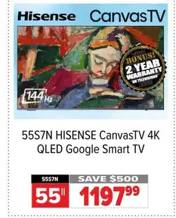 2001 Audio Video 55S7N HISENSE 55 CanvasTV 4K QLED Google Smart TV offer