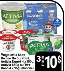 Pasquier Yogourt à boire Danino Go 6 x 93ml, Activia Expert 4 x 100g, Activia 650g ou Two Good 4x95g Danone offer