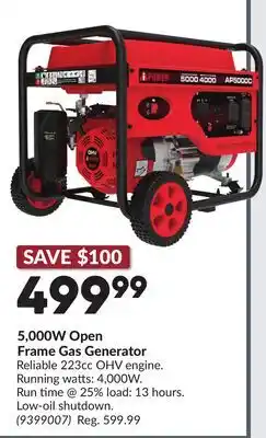 Princess Auto 5,000W Open Frame Gas Generator offer