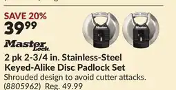 Princess Auto 2 pk 2-3/4 in. Stainless-Steel Keyed-Alike Disc Padlock Set offer
