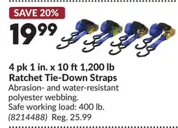Princess Auto 4 pk 1 in. x 10 ft1,200 lb Ratchet Tie-Down Straps offer