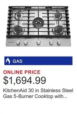 Costco KitchenAid 30 in Stainless Steel Gas 5-Burner Cooktop with Even-Heat Simmer Burner offer