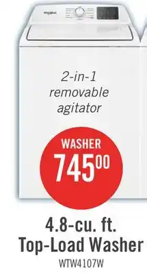 The Brick Whirlpool 4.8 Cu. Ft. Top Load Washer with 2-in-1 Removable Agitator - WTW4107SW offer