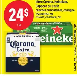 Maxi BIÈRE CORONA, HEINEKEN, SAPPORO OU CARIB, 12X330/355 ML offer
