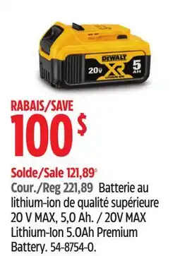 Canadian Tire DEWALT 20V MAX Lithium-Ion 5.0Ah Premium Battery offer
