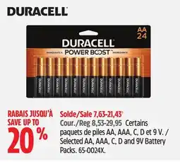 Canadian Tire Duracell Selected AA, AAA, C, D and 9V Battery Packs offer