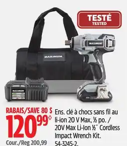 Canadian Tire Maximum 20V Max Li-Ion 1⁄2˝ Cordless Impact Wrench Kit offer