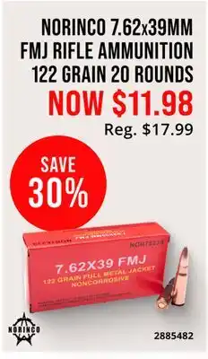 Cabela's NORINCO 7.62х39MM FMJ RIFLE AMMUNITION 122 GRAIN 20 ROUNDS offer