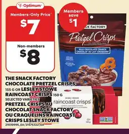 Independent Grocer THE SNACK FACTORY CHOCOLATE PRETZEL CRISPS, 155 G OR LESLEY STOWE RAINCOAST CRISPS, 150 G offer