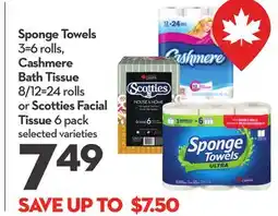 Longo's Sponge Towels 3 = 6 rolls, Cashmere Bath Tissue 8/12 = 24 rolls or Scotties Facial Tissue offer