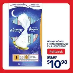 Walmart Always Infinity Flexfoam pads 26s offer
