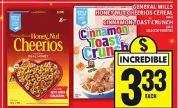 Food Basics GENERAL MILLS HONEY NUT CHEERIOS CEREAL OR CINNAMON TOAST CRUNCH offer