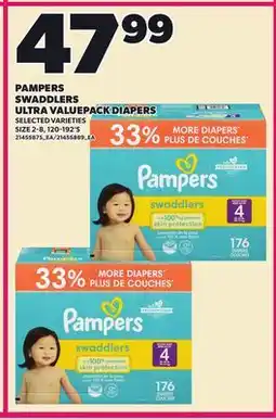 Loblaws PAMPERS SWADDLERS ULTRA VALUEPACK DIAPERS, SIZE 2-8, 120-192'S offer