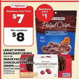 Loblaws LESLEY STOWE RAINCOAST CRISPS, 150 G OR SNACK FACTORY CHOCOLATE PRETZEL CRISPS, 155 G offer