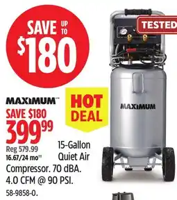 Canadian Tire 15-Gallon Quiet Air Compressor. 70 dBA. 4.0 CFM @ 90 PSI offer